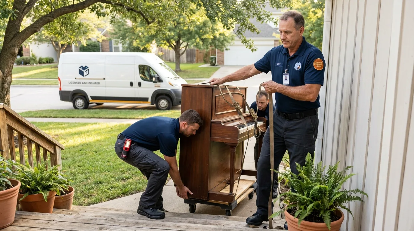 Licensed piano movers securing grand piano in Yorktown Heights, NY