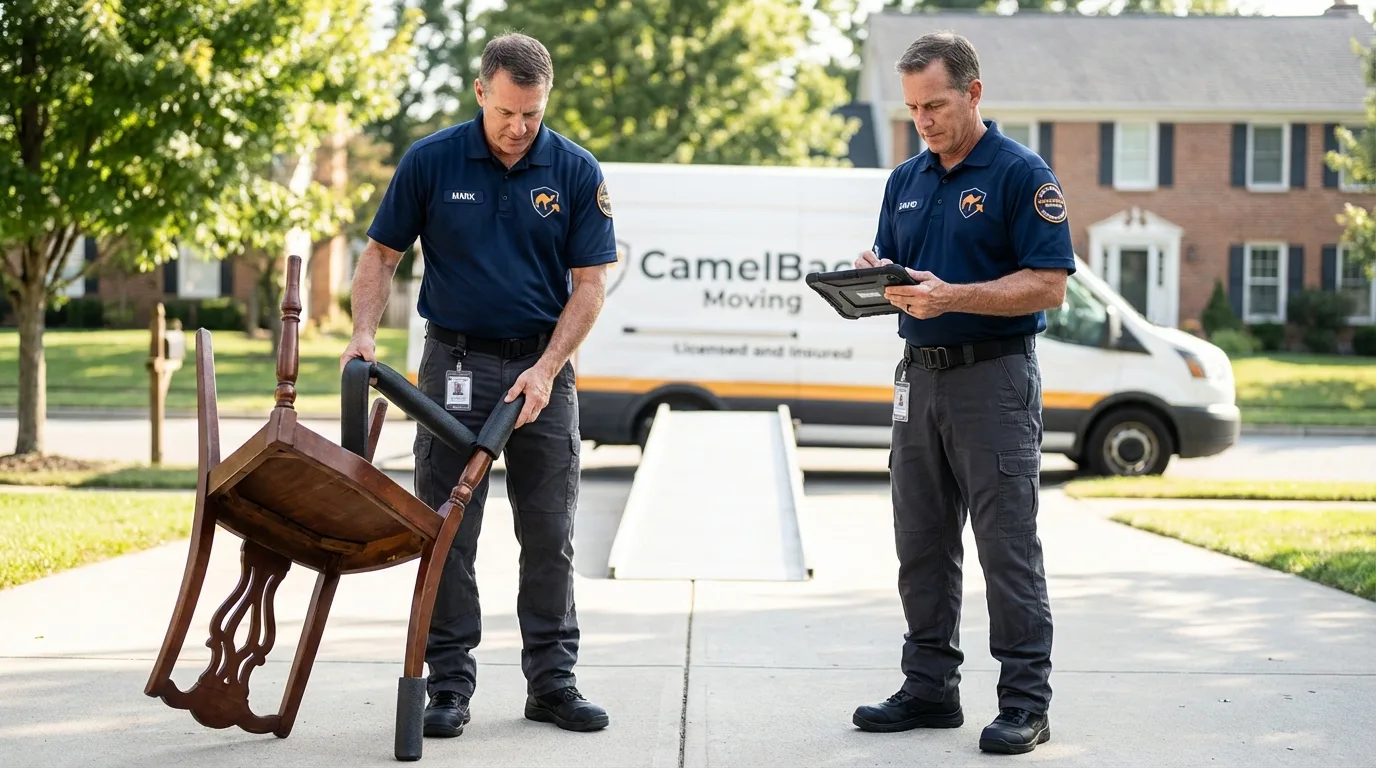 Movers inspecting furniture for damage prevention before loading in Yorktown Heights, NY