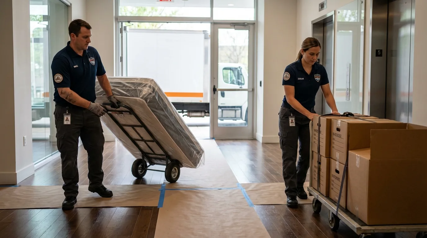 Professional apartment movers loading elevator in Yorktown Heights, NY