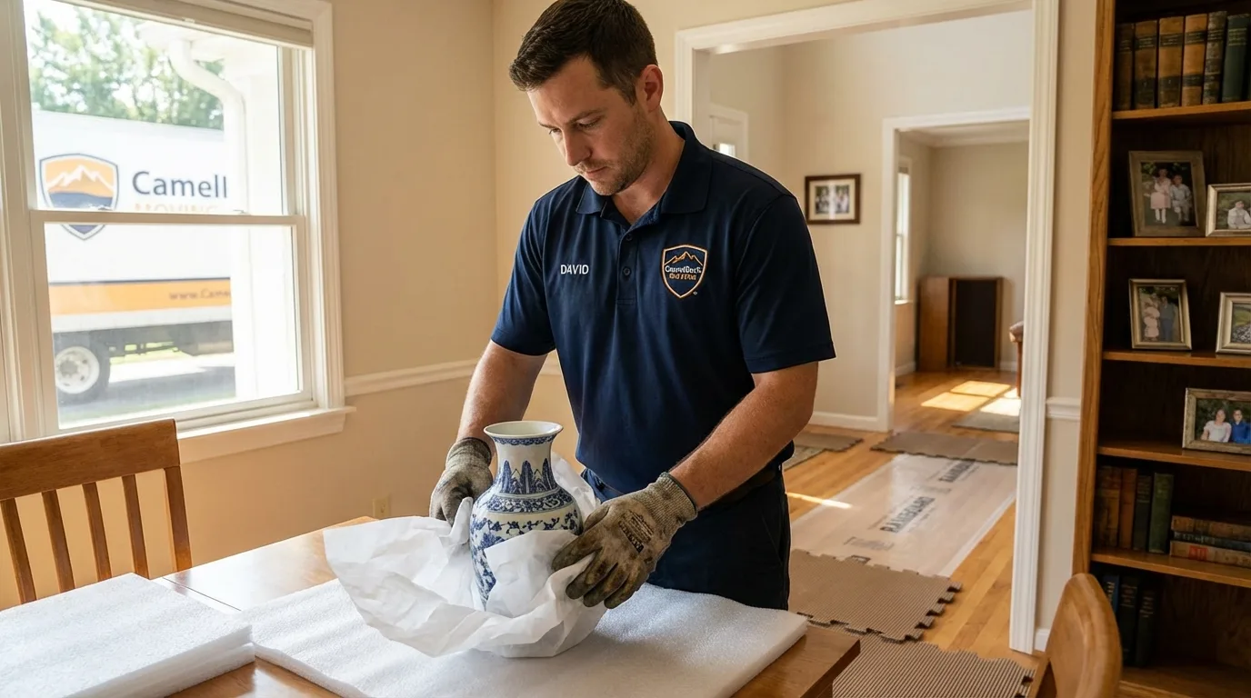 Professional crew carefully wrapping antique vase for senior downsizing move in Yorktown Heights, NY